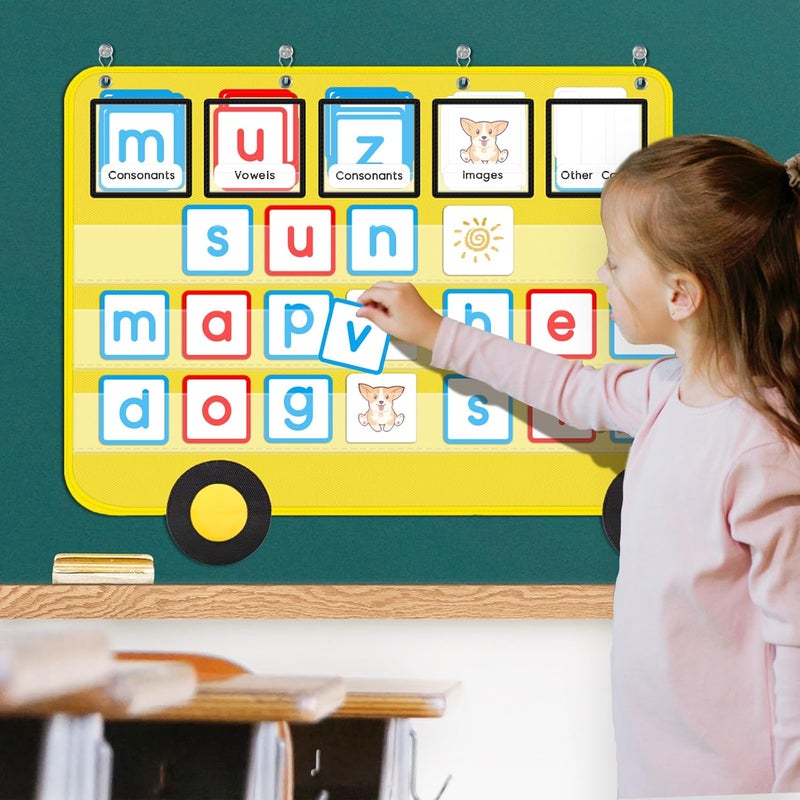 ALSLEA Pocket Chart for Classroom, 33 ⅞ " x 22" Large School Bus Shaped Pocket Charts for Kids, Back to School Supplies, Classroom Decor Hanging Pocket Charts with 8 Sentence Strips Holder (Yellow) - Image 2